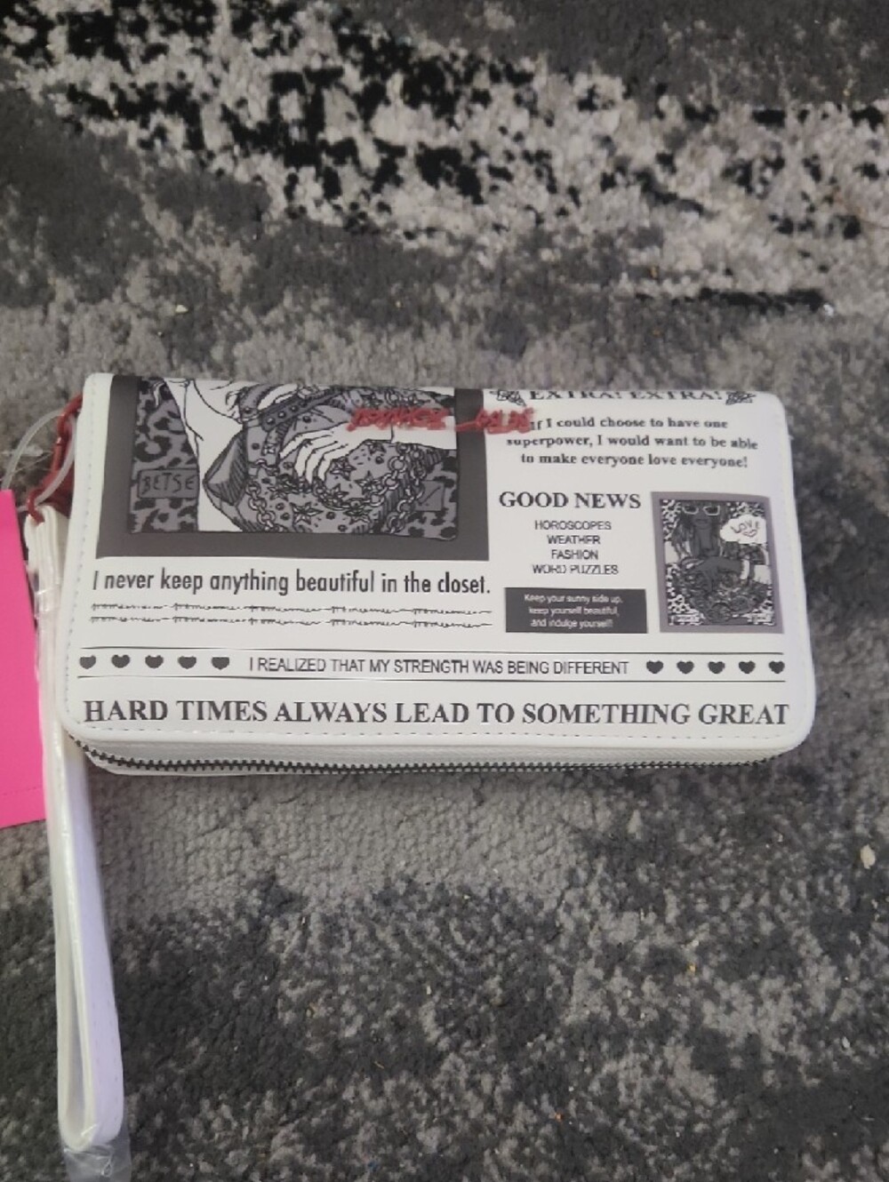 Betsey Johnson Black and White Newspaper Print Wristlet - Picture 4 of 4